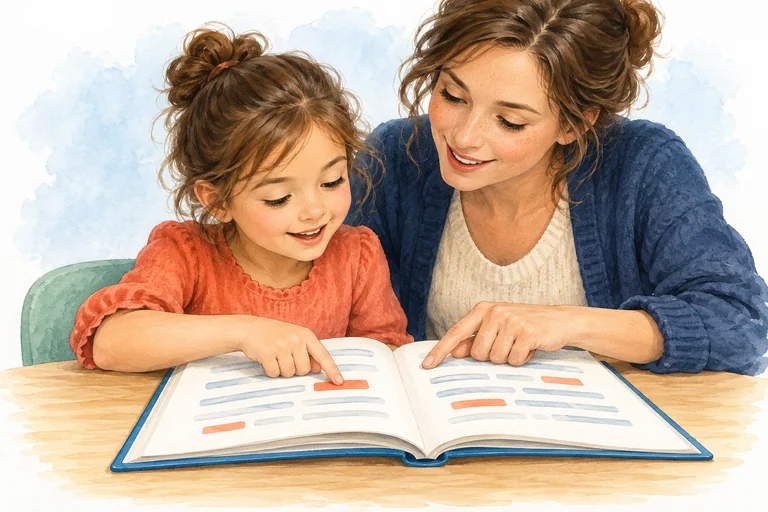 Une enfant et une adulte repèrent des mots dans un livre.