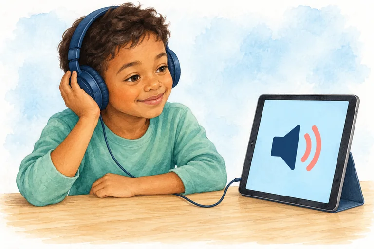 Un enfant écoute avec un casque le son joué par une tablette.