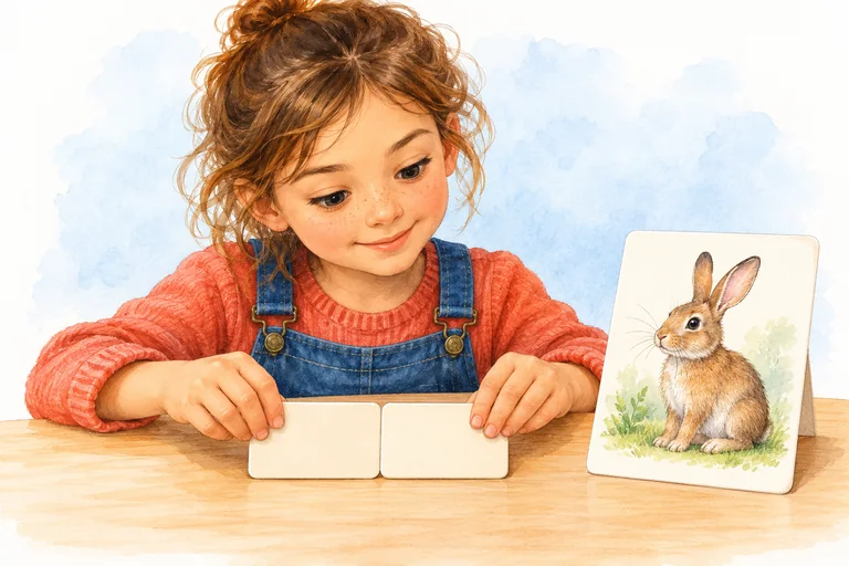 Une enfant rapproche deux cartes à côté de l’image d’un lapin.
