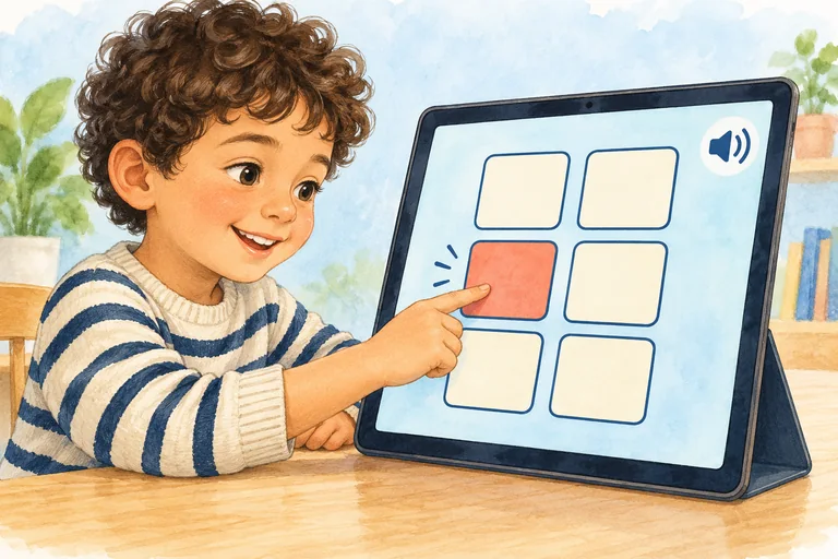 Un enfant touche une case sur une tablette pour écouter.
