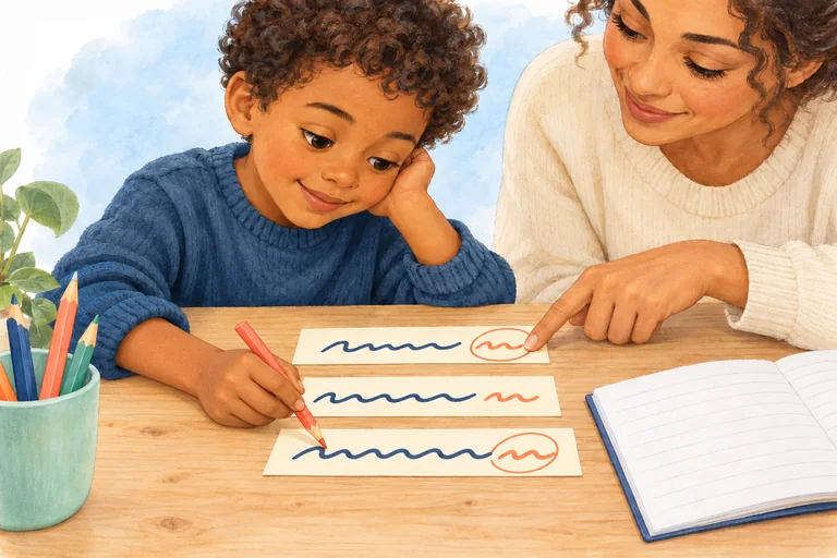 Un enfant et une adulte comparent les fins colorées de plusieurs mots.