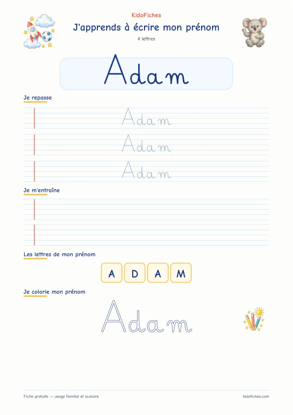 Aperçu de la fiche prénom Adam en écriture cursive