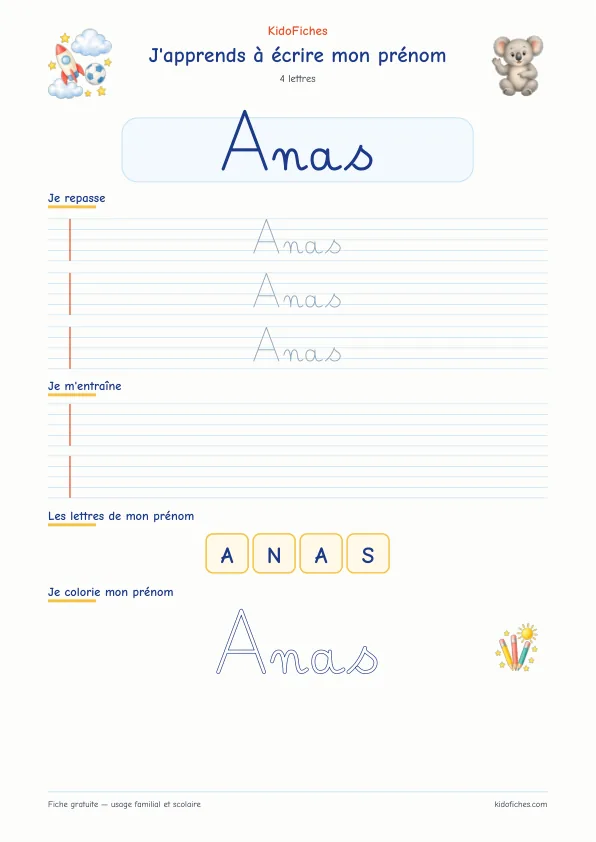 Aperçu de la fiche prénom Anas en écriture cursive