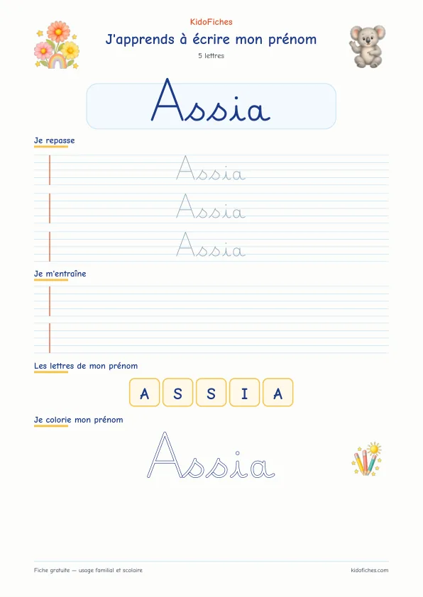Aperçu de la fiche prénom Assia en écriture cursive