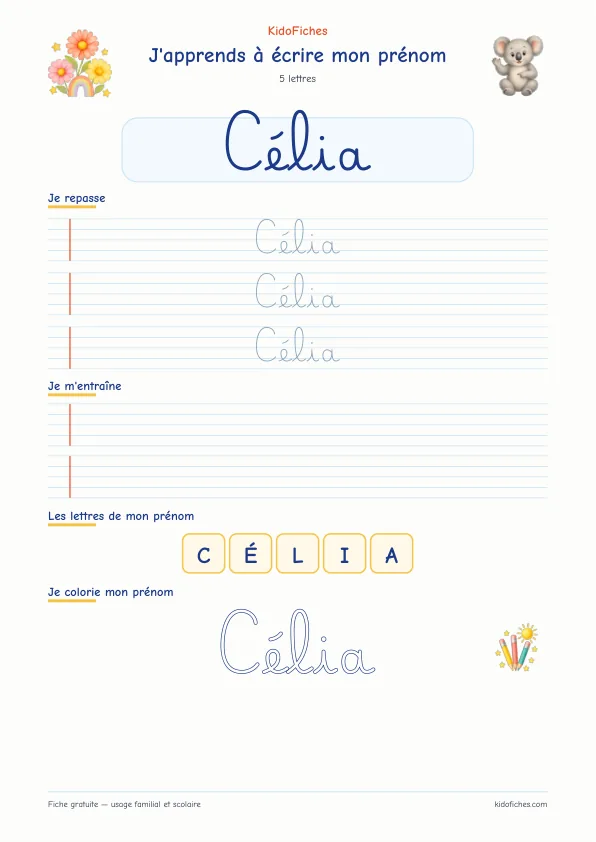 Aperçu de la fiche prénom Célia en écriture cursive