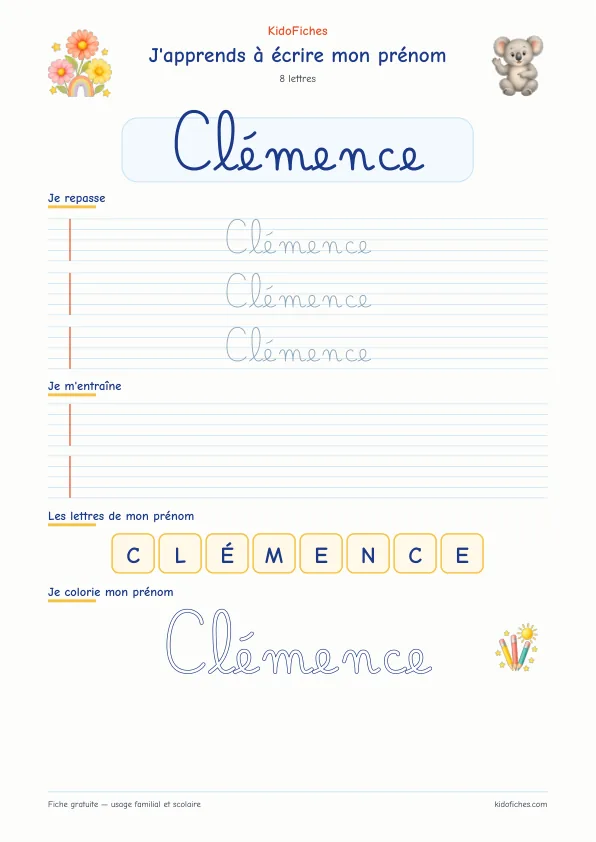 Aperçu de la fiche prénom Clémence en écriture cursive