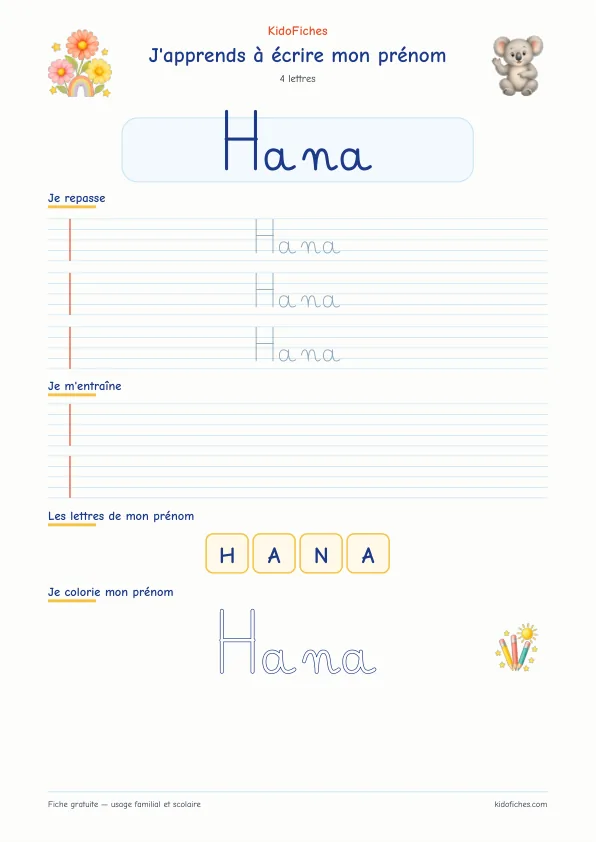 Aperçu de la fiche prénom Hana en écriture cursive