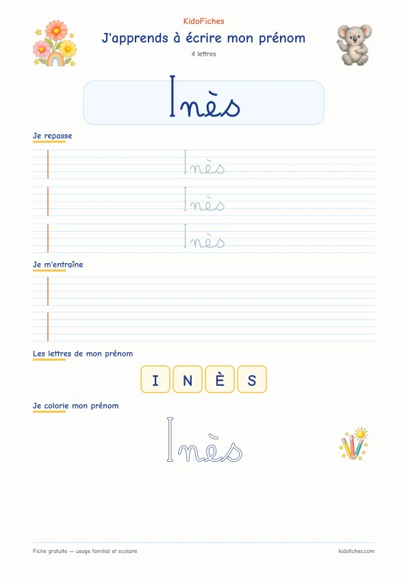 Aperçu de la fiche prénom Inès en écriture cursive