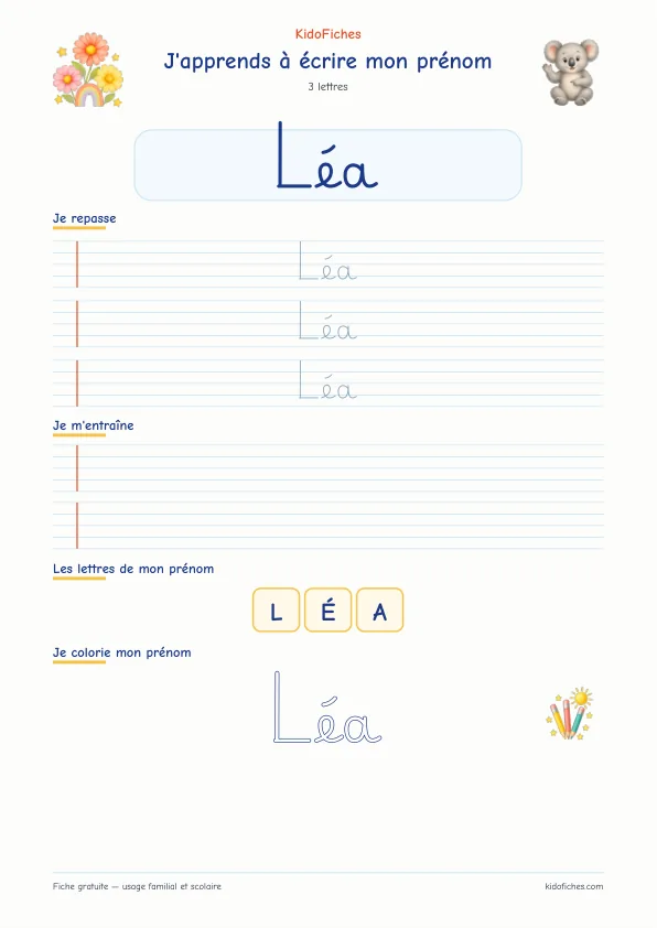 Aperçu de la fiche prénom Léa en écriture cursive
