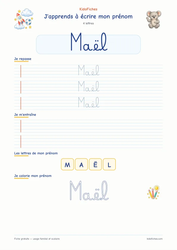 Aperçu de la fiche prénom Maël en écriture cursive