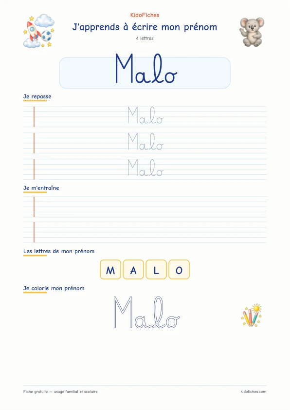 Aperçu de la fiche prénom Malo en écriture cursive