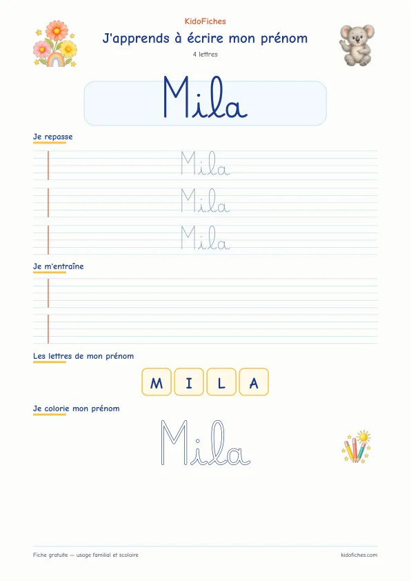 Aperçu de la fiche prénom Mila en écriture cursive