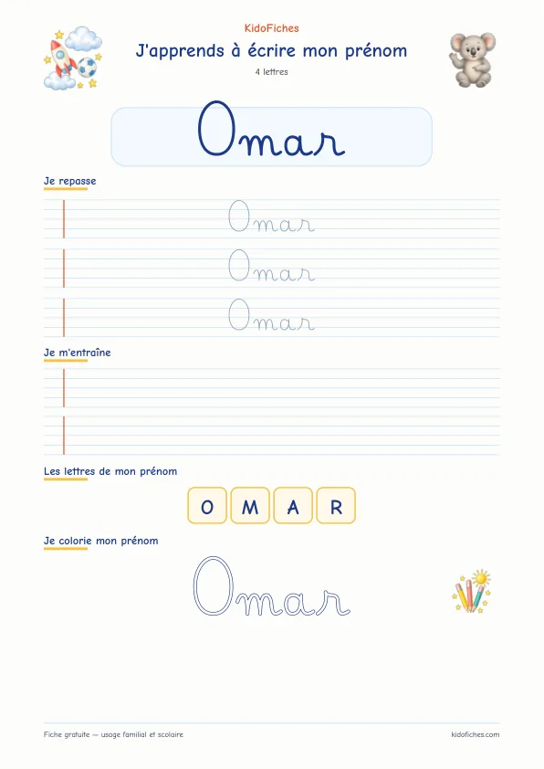 Aperçu de la fiche prénom Omar en écriture cursive