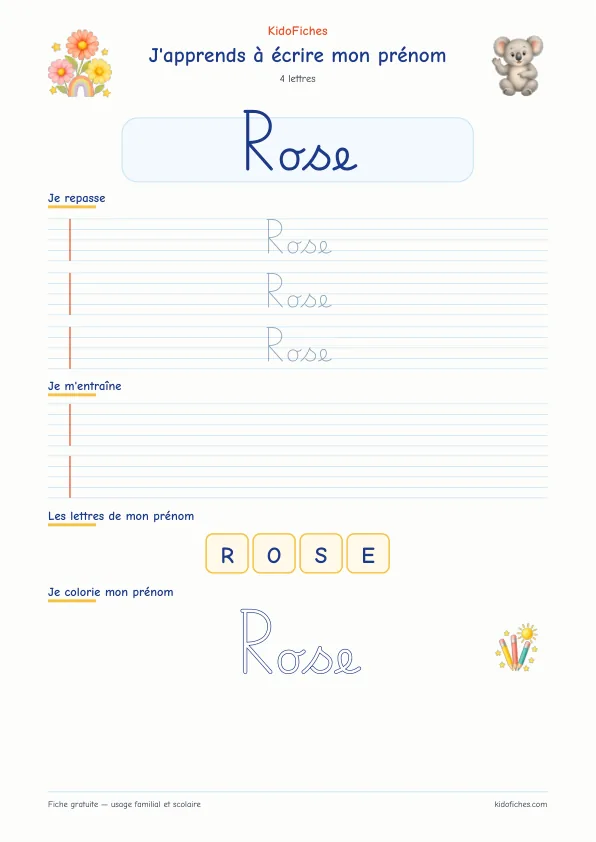 Aperçu de la fiche prénom Rose en écriture cursive