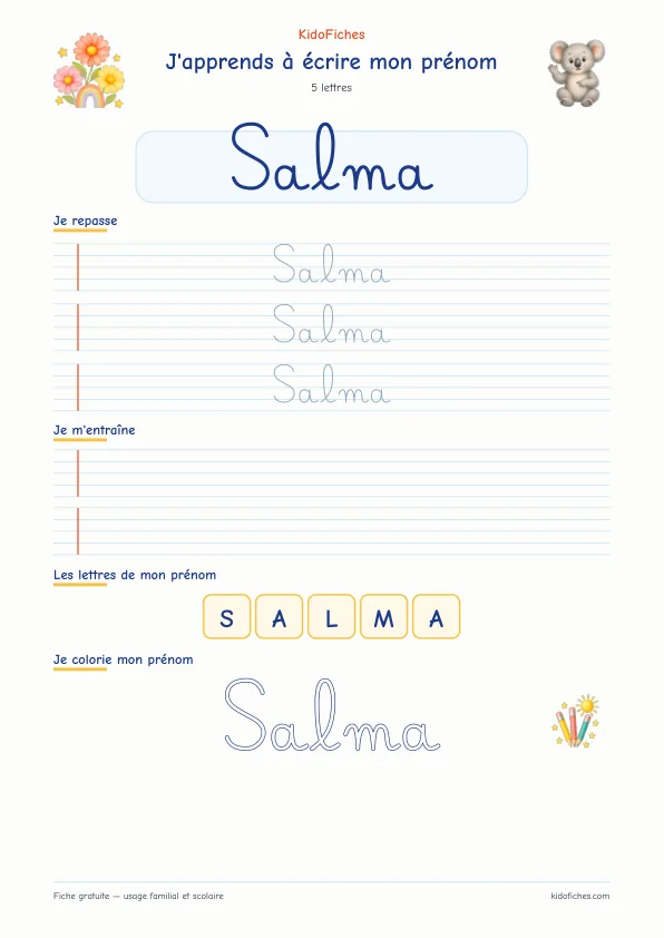 Aperçu de la fiche prénom Salma en écriture cursive