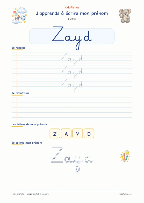 Aperçu de la fiche prénom Zayd en écriture cursive