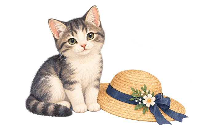 Un chat assis à côté d’un chapeau de paille.