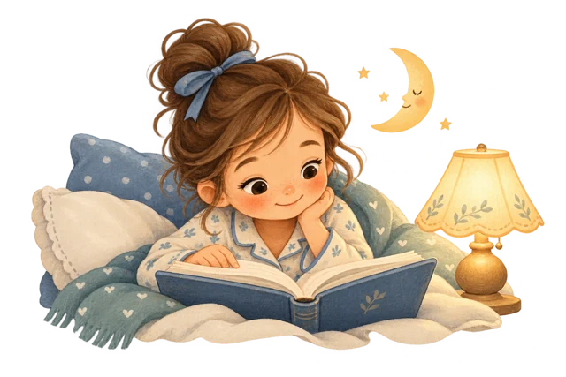 Une fille lit un livre près d’une lampe, sous un croissant de lune.