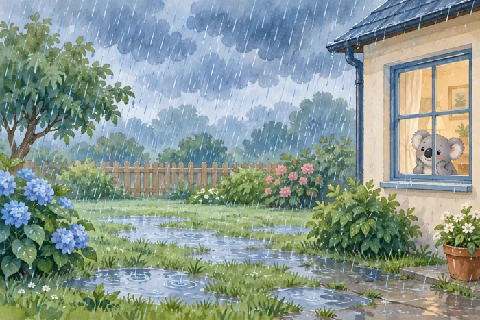 La pluie tombe dans un jardin.