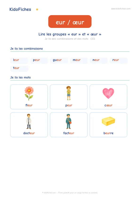 Aperçu : Lire les groupes « eur » et « œur » : /œʁ/