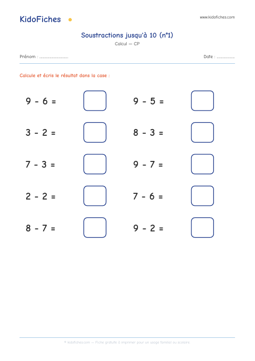 Soustractions jusqu'à 10 (n°1) — aperçu de la fiche