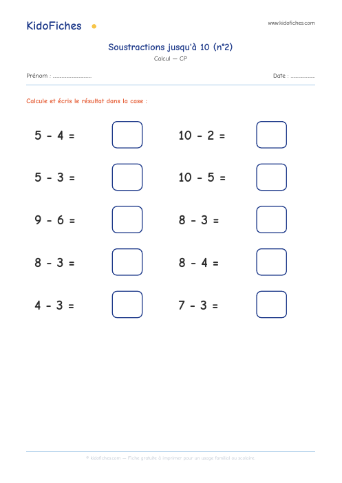 Soustractions jusqu'à 10 (n°2) — aperçu de la fiche