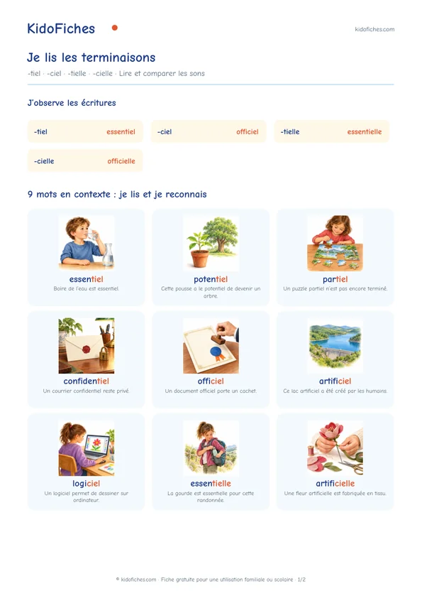 Aperçu réel du PDF -tiel · -ciel · -tielle · -cielle